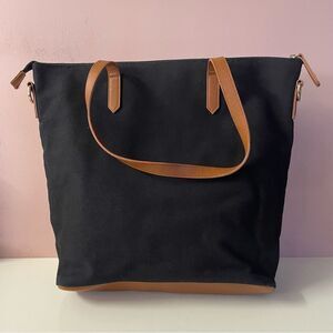 Forever 21 Black Canvas & Cognac Brown Faux Leather Tote Bag GUC